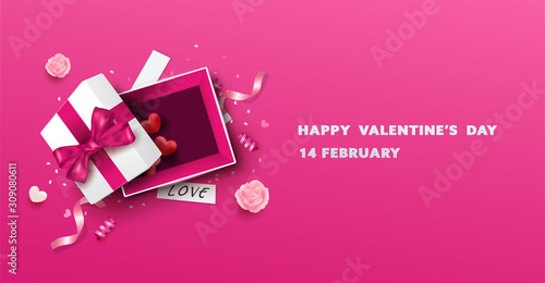 Surprise white gift box with pink ribbon and Hearts balloon. Open gift box isolated. Party, Shopping Banner. Horizontal banner. Valentine's Day design.