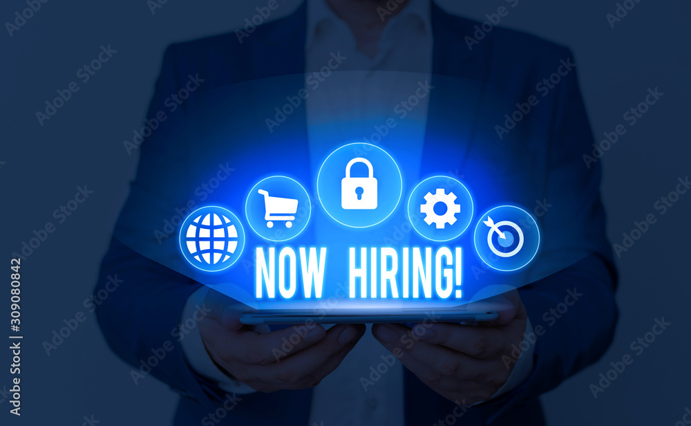 Text sign showing Now Hiring. Business photo showcasing finding evaluating working relationship with future employees Text sign showing Now Hiring. Business photo showcasing finding evaluating working relationship with future employees
