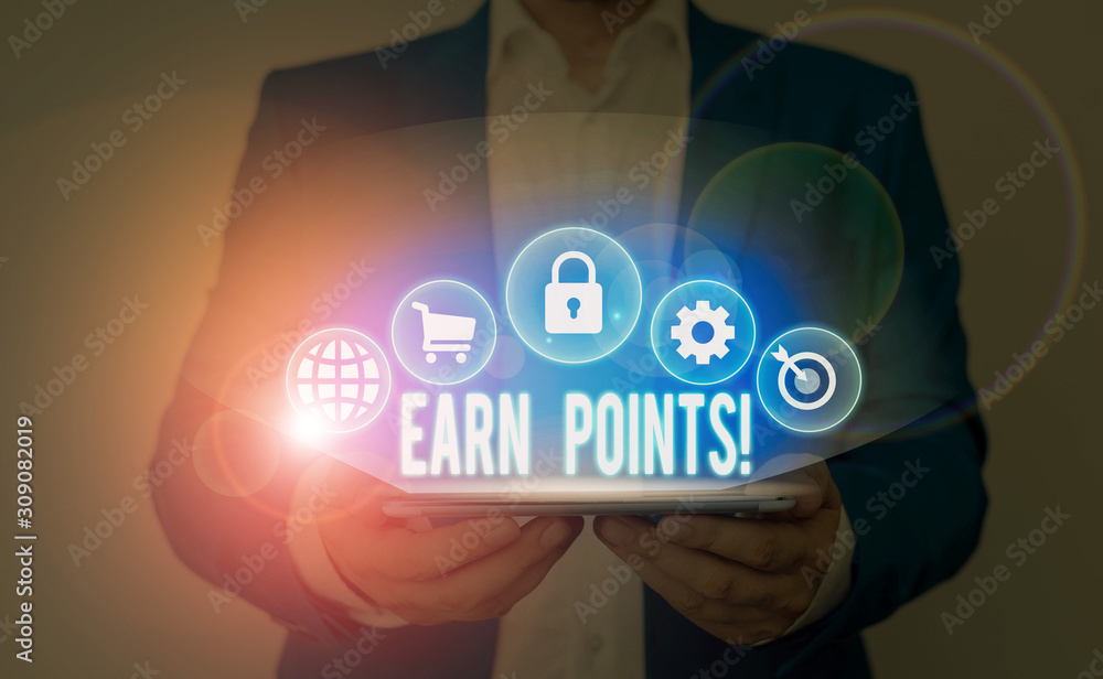 Text sign showing Earn Points. Business photo showcasing collecting scores in order qualify to win big prize Text sign showing Earn Points. Business photo showcasing collecting scores in order qualify to win big prize