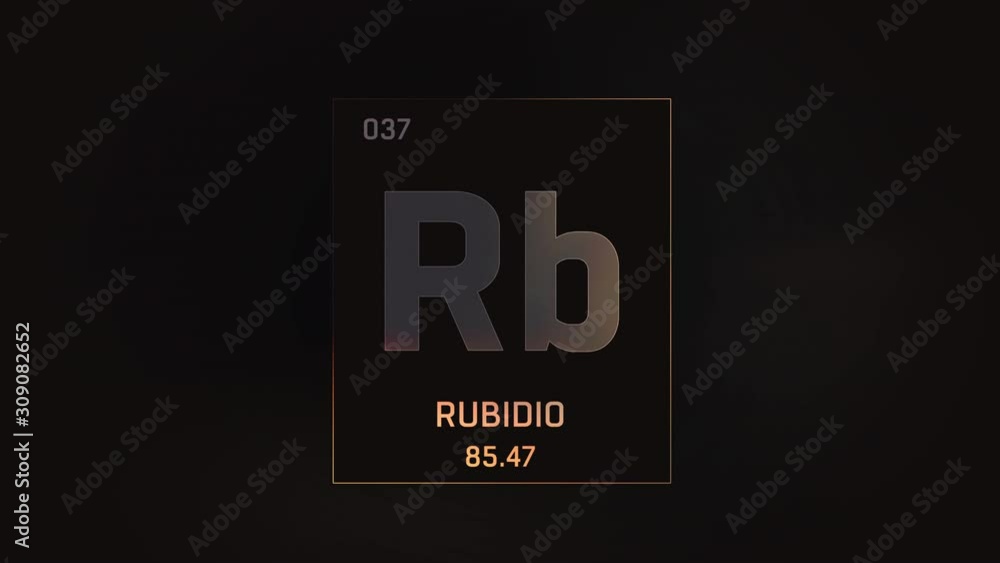 Rubidium as Element 37 of the Periodic Table. Seamlessly looping 3D animation on grey illuminated atom design background with orbiting electrons. Name, atomic weight, element number in Spanish languag Rubidium as Element 37 of the Periodic Table. Seamlessly looping 3D animation on grey illuminated atom design background with orbiting electrons. Name, atomic weight, element number in Spanish languag