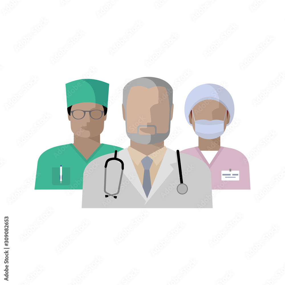 Set of doctor and nurse, male and female, midwife. Color flat image avatars. doctor with stethoscope, in uniform, wearing protective bandage on face and hair cap, with badge. Nurse's day, health care Set of doctor and nurse, male and female, midwife. Color flat image avatars. doctor with stethoscope, in uniform, wearing protective bandage on face and hair cap, with badge. Nurse's day, health care