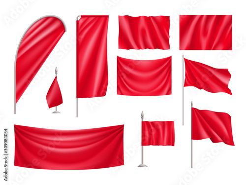 Red rectangular flags set isolated on white background. Realistic wavy flag on pole, expo banner, drop and desk flag mockups. Product branding, advertising and promotion vector illustration.