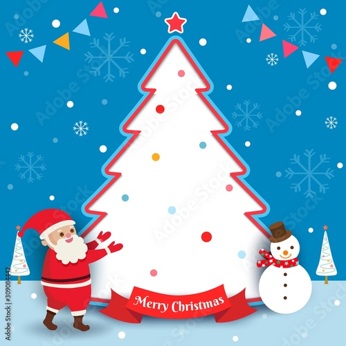 Merry Christmas card with santa calus and snowman on tree frame.