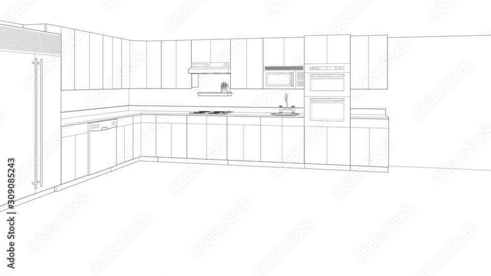 interior design sketch of modern kitchen, 4k video 3d animation render interior design sketch of modern kitchen, 4k video 3d animation render