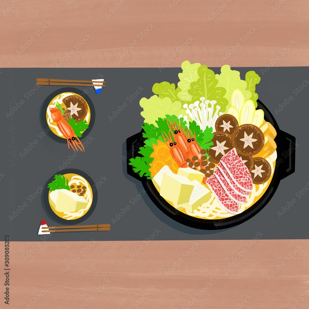 お鍋 鍋 寄せ鍋 日本 料理 鍋料理 しゃぶしゃぶ 食卓 お箸 手書き Stock イラスト Adobe Stock