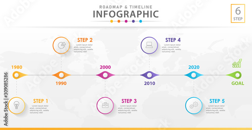 Infographic template for business. 6 Steps Modern Timeline diagram with lines, presentation vector infographic.