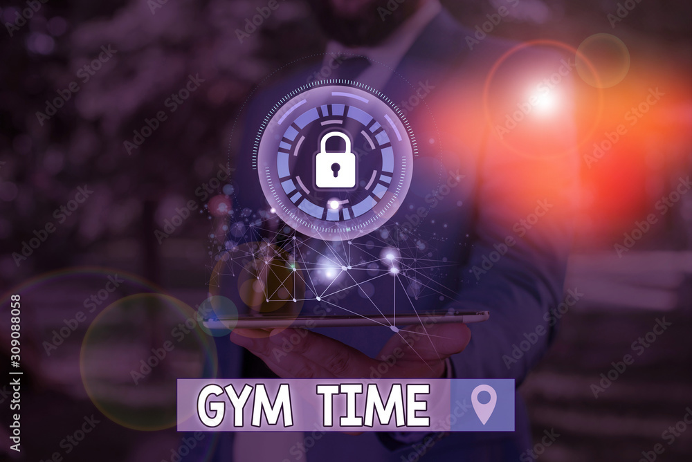 Writing note showing Gym Time. Business concept for a motivation to start working out making exercises fitness