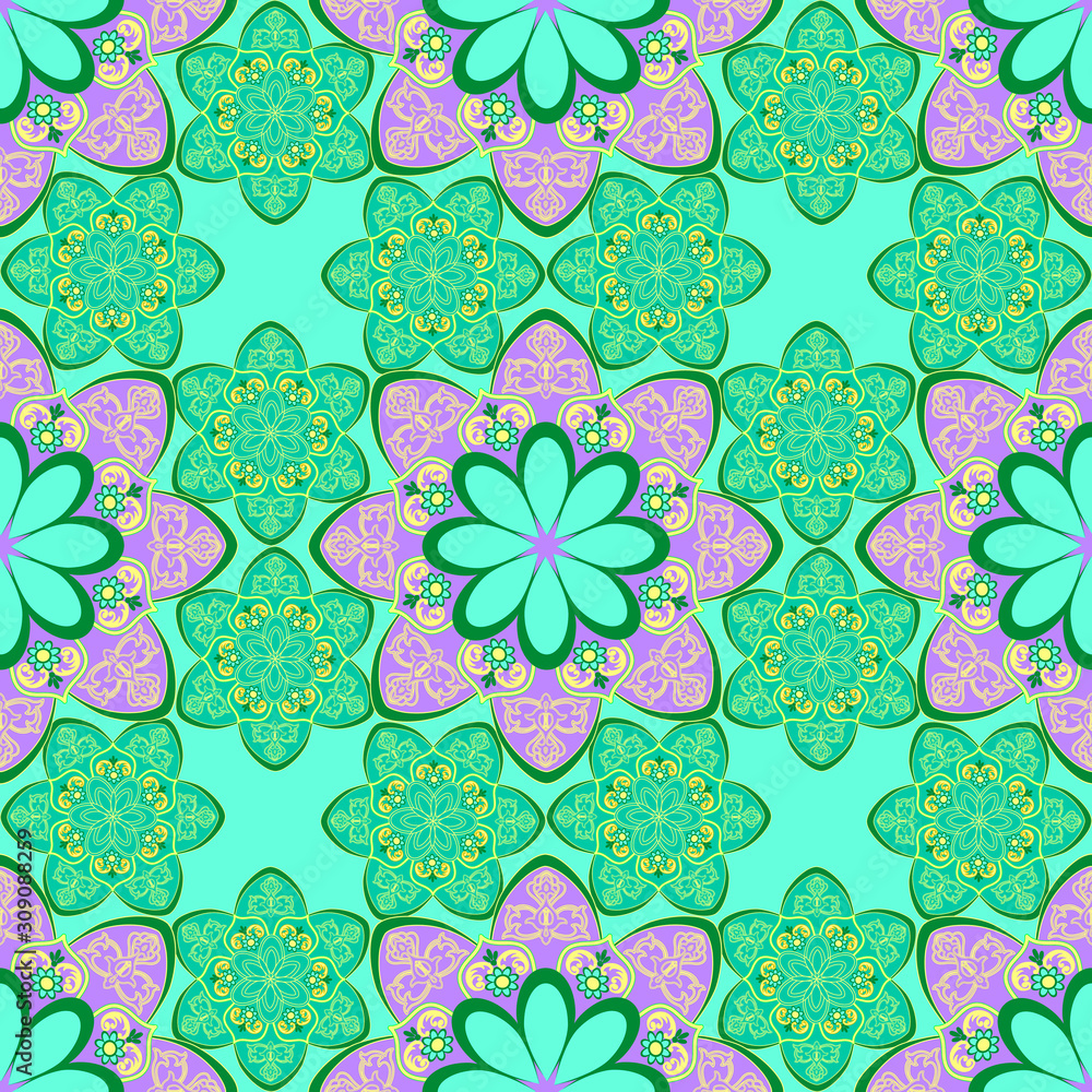Oriental motif. Mondala in a round ornament of bright colors. Oriental motif. Mondala in a round ornament of bright colors.