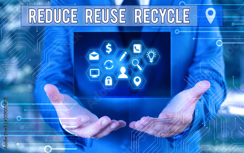 Writing note showing Reduce Reuse Recycle. Business concept for environmentallyresponsible consumer behavior photo