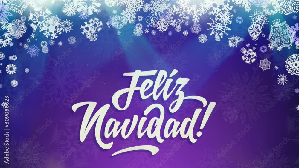 Feliz Navidad - Merry Christmas in spanish language purple loop animation design with spotlights and snowflakes