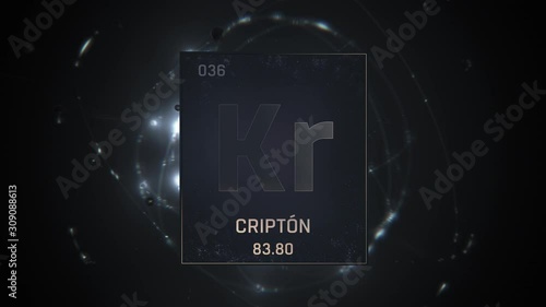 Krypton as Element 36 of the Periodic Table. Seamlessly looping 3D animation on silver illuminated atom design background with orbiting electrons. Name, atomic weight, element number in Spanish langua photo