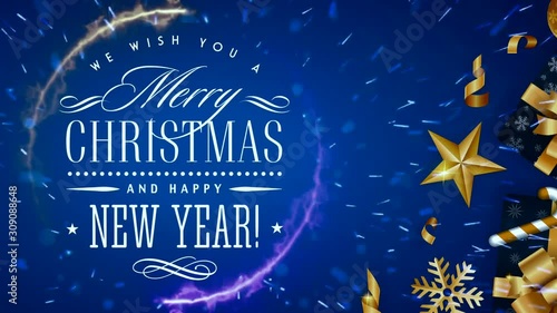 Merry Christmas blue looped animation with decoration elements and snowflakes
