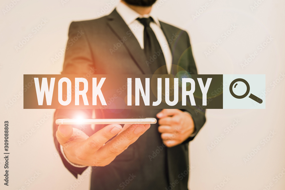 Handwriting text Work Injury. Conceptual photo illness caused by events or exposures in the work environment Male human wear formal work suit hold smart hi tech smartphone use one hand Handwriting text Work Injury. Conceptual photo illness caused by events or exposures in the work environment Male human wear formal work suit hold smart hi tech smartphone use one hand