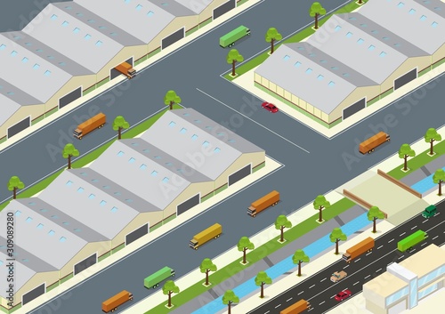 Vector illustration of isometric warehouse exterior and unloading delivery vehicles