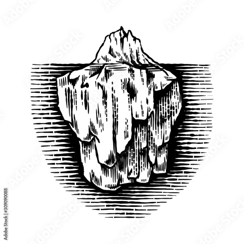 Iceberg in the ocean. A large piece of glacier floating in northern water. Engraved hand drawn vintage sketch for emblem, web logo, banner or t-shirt. Isolated illustration on a white background.