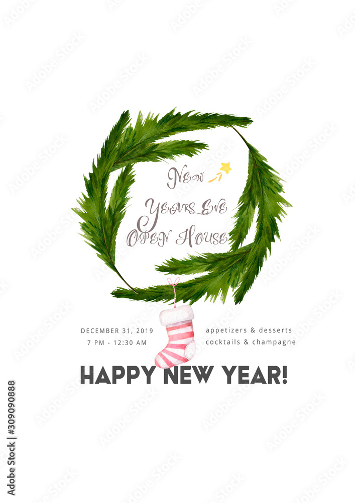 Obraz premium Christmas Tree Branches Border. Watercolor Illustration with text on white background. Colorful cartoon clip art with sock and green spruce tree leaves