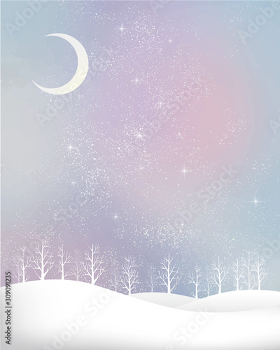 冬の景色：水彩　冬　景色　木　木々　雪　丘　雪山　林　森　星　夜空　キラキラ　月
