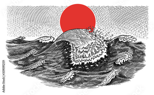 Atlantic tidal waves. Vintage storm. Japanese landscape towards red sunset on the horizon. Hand drawn label. Marine and sea, ocean background for banner or poster. Isolated vector illustration.