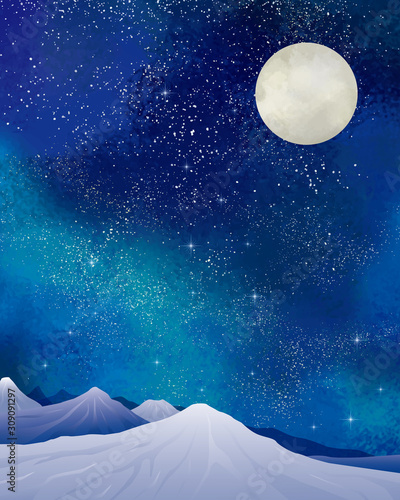 冬の景色：水彩　冬　景色　山　雪　雪山　星　夜空　キラキラ　ミルキーウェイ