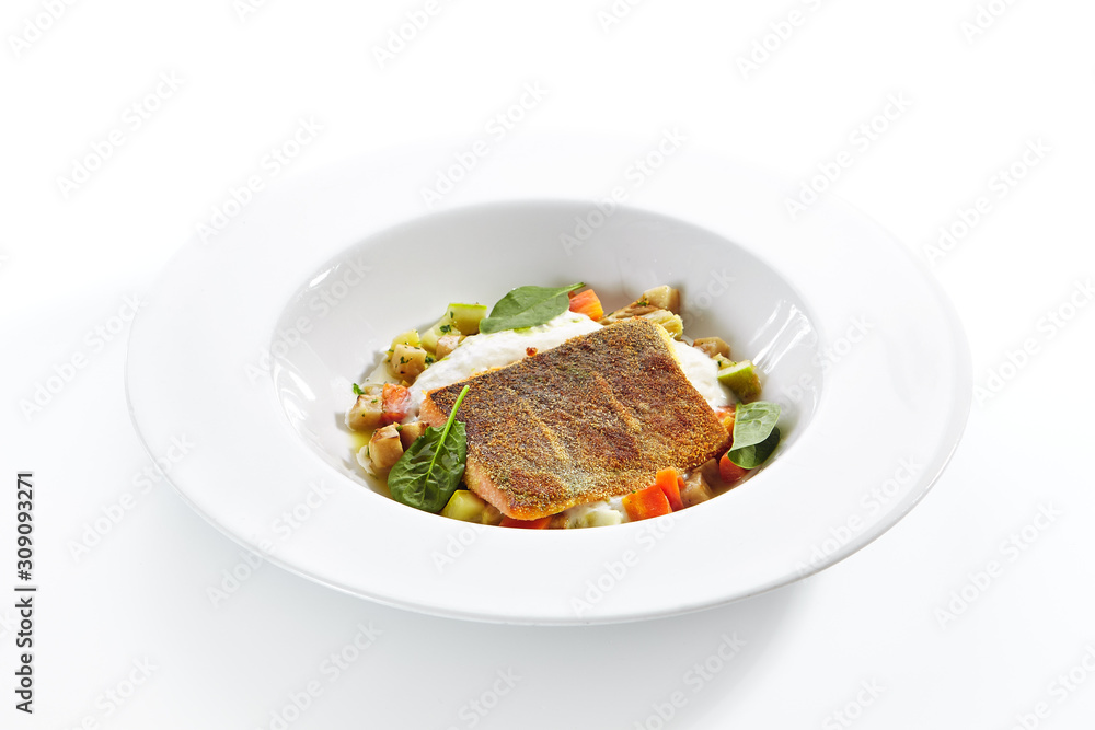 Fried Trout Fillet and Vegetable Stew with Herbs Espuma