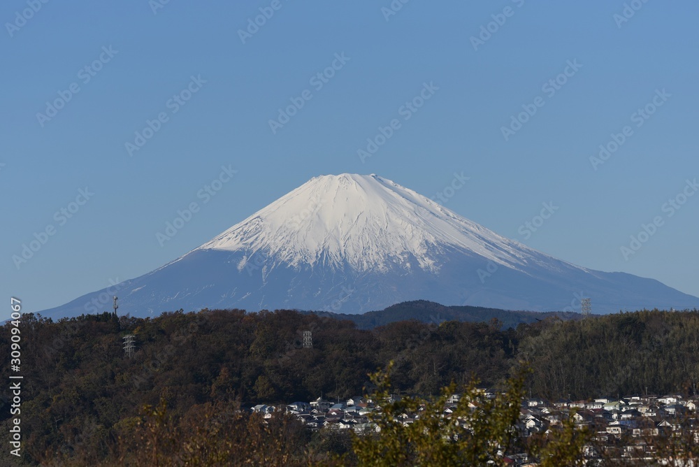 Mt. Fuji in early winter in a snow-covered top