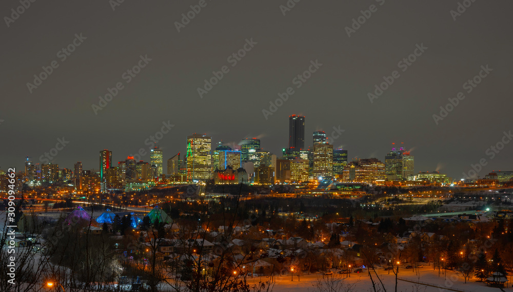 Beautiful panorama of downtown Edmonton, Alberta, Canada with Christmas Theme night  lights.