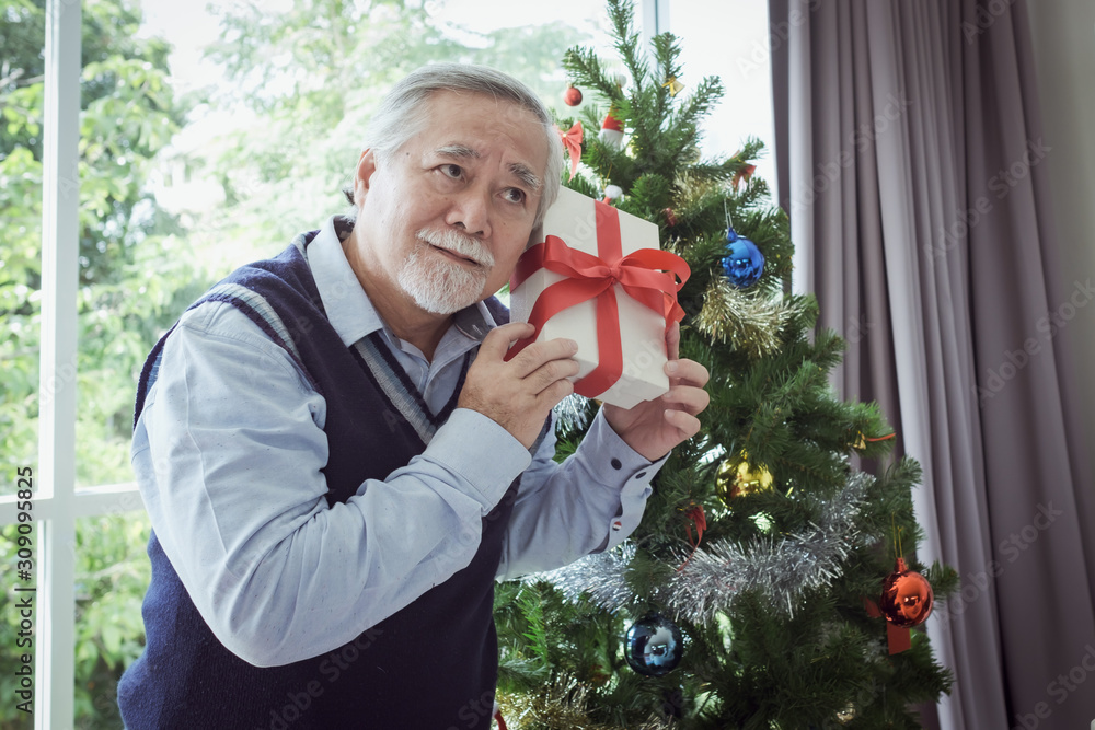 portrait of senior elderly man holding gift box and standing in front of Christmas tree with smile portrait of senior elderly man holding gift box and standing in front of Christmas tree with smile