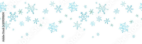 Seamless header with blue snowflakes. Watercolor seamless winter border with snow.