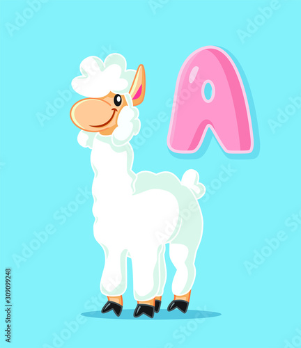 Alpaca Vector Cartoon Character with Letter A