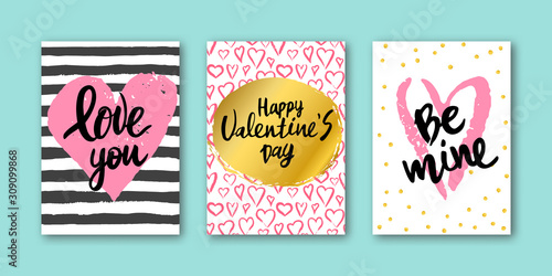 set of card for Valentines Day with lettering on pink watercolor heart, strips, confetti background. Hand drawn lettering Happy Valentines day, Love You, Be mine. Vector illustration for print.