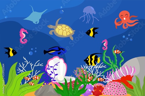 illustration underwater landscape with turtle  variant fish  clownfish  octopus