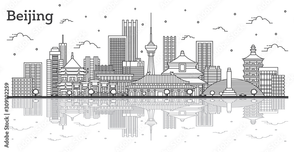 Outline Beijing China City Skyline with Modern Buildings and Reflections Isolated on White.