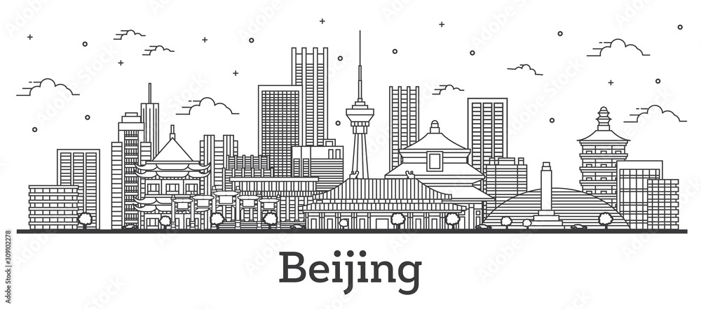 Outline Beijing China City Skyline with Modern Buildings Isolated on White.