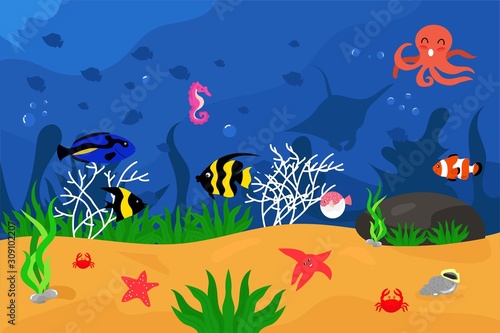 illustration underwater landscape with turtle, variant fish, clownfish, octopus