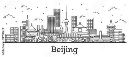 Outline Beijing China City Skyline with Modern Buildings Isolated on White.