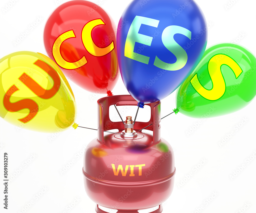 Wit and success - pictured as word Wit on a fuel tank and balloons, to symbolize that Wit achieve success and happiness, 3d illustration - obrazy, fototapety, plakaty 