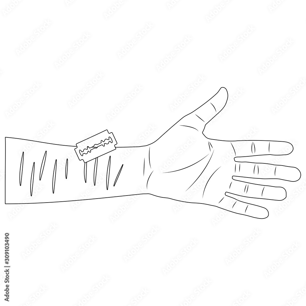 a cut wrist with a blade. suicide attempt. White background isolated