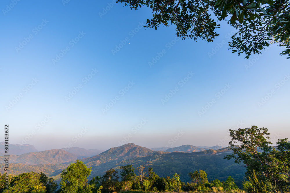 Fototapeta premium beautiful blue sky high peak mountains mist fog wildlife green forest at Khao Koh Phu Tub Berk Phetchabun Thailand guiding idea long weekend for backpacker camping hiking 