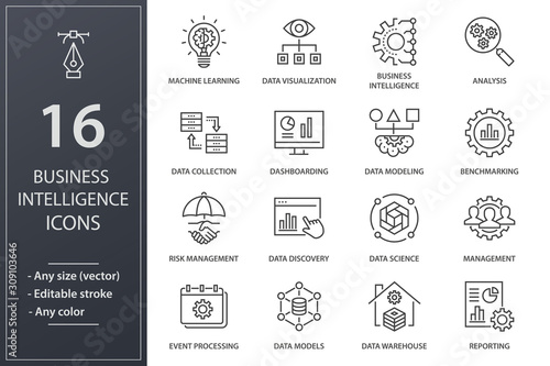 Business Intelligence line icons set. Black vector illustration. Editable stroke.