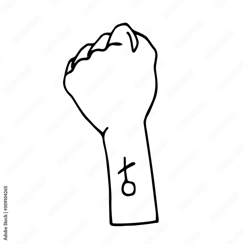 female fist with tattoo of gender sign symbol of protest and struggle for  rights vector illustration with black contour lines isolated on white  background in hand drawn and Doodle style Stock Vector |