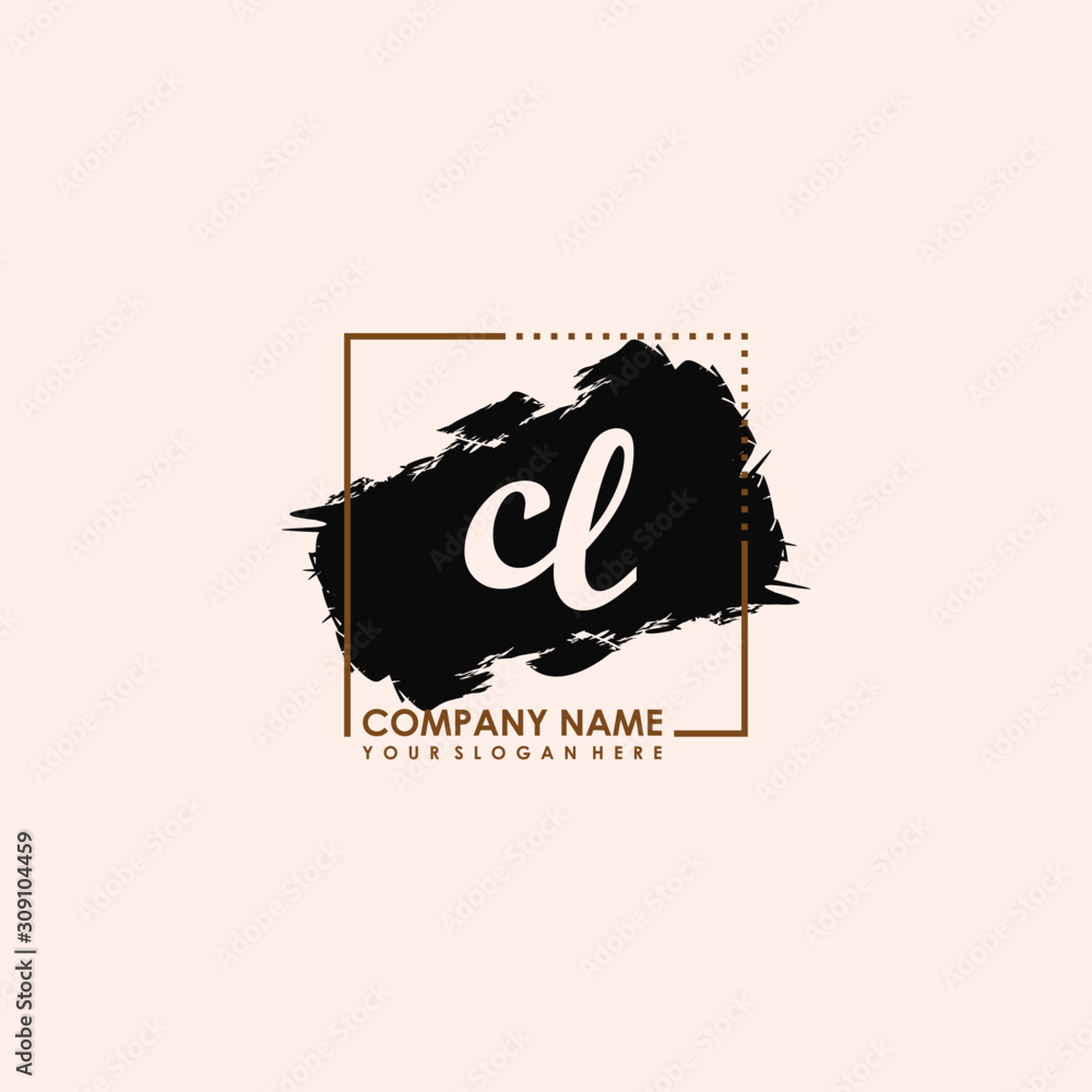 Initial letter CL handwriting logo template. with box lines, and brush inside
