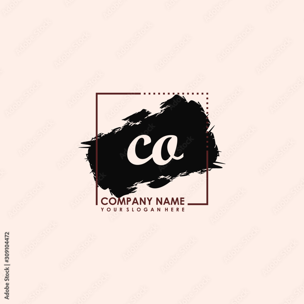 Initial letter CO handwriting logo template. with box lines, and brush inside