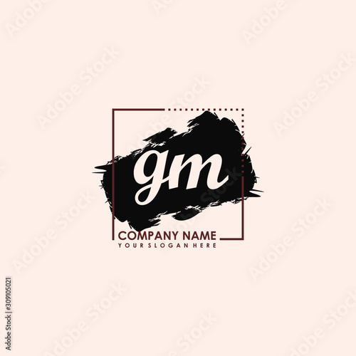 Initial letter GM handwriting logo template. with box lines  and brush inside