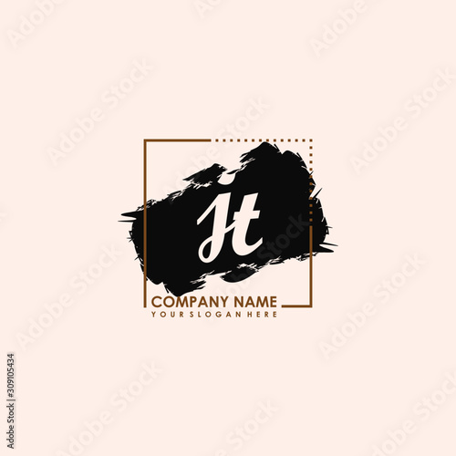 Initial letter JT handwriting logo template. with box lines  and brush inside