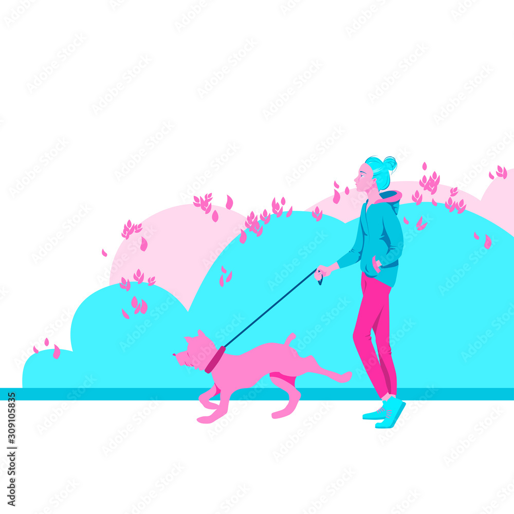A young girl walks with a dog in the park. Cartoon character in flat style vector illustration.