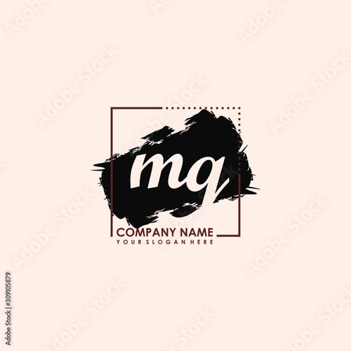 Initial letter MQ handwriting logo template. with box lines, and brush inside