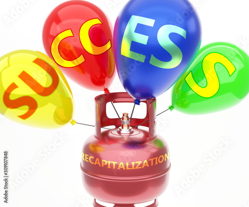 Recapitalization and success - pictured as word Recapitalization on a fuel tank and balloons, to symbolize that Recapitalization achieve success and happiness, 3d illustration photo