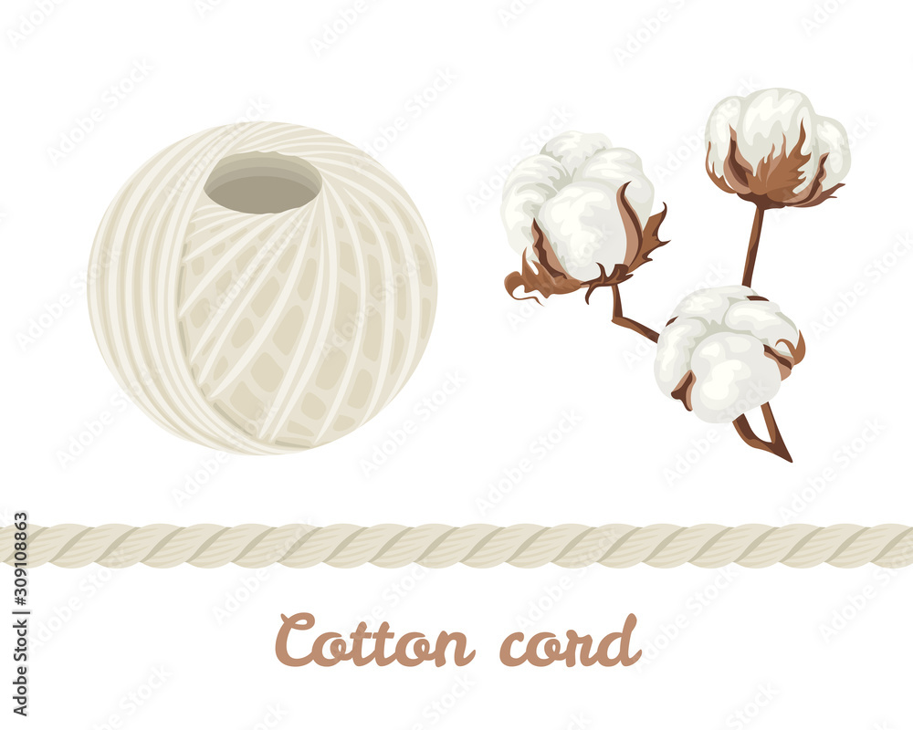 Natural cotton twine ball isolated on white background. Vector