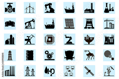 Set of abstract  silhouette industry icons featuring energy, oil an gas, solar, wind energy,  oil rigs, mining, power lines, robots, equipment, construction, telecommunications tower and satellite. 