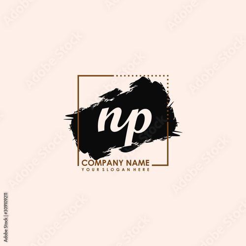 Initial letter NP handwriting logo template. with box lines, and brush inside